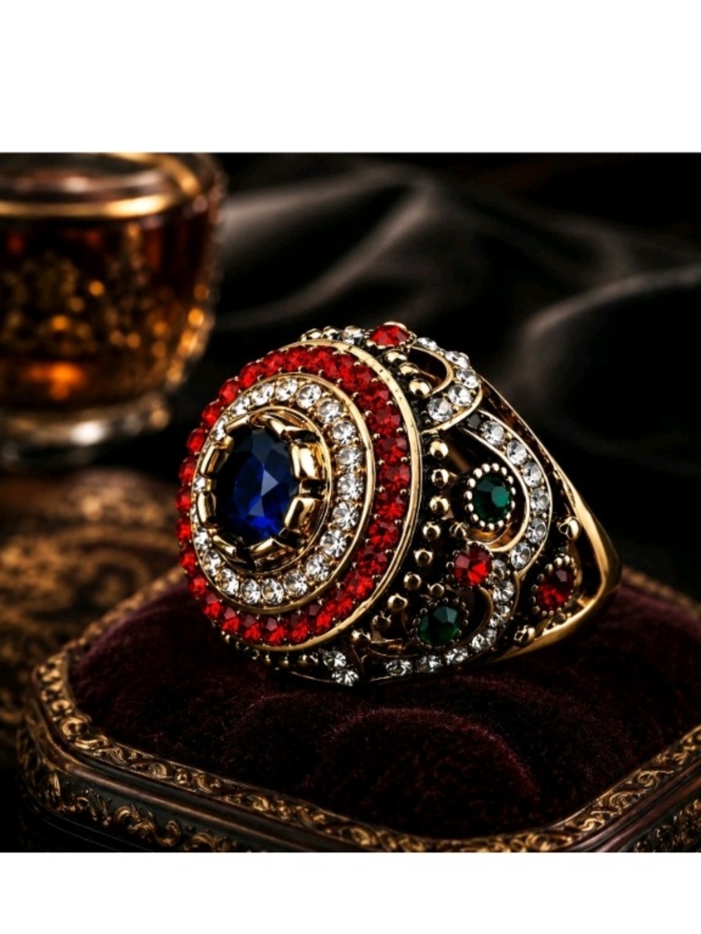 Men’s Size 8 Gold-Tone Multicolor CZ Statement Ring Blue Red Accents